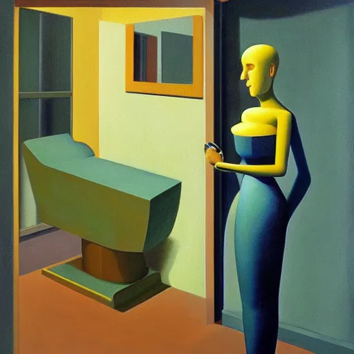 Prompt: robot looking into a mirror and the reflection is human, grant wood, pj crook, edward hopper, oil on canvas