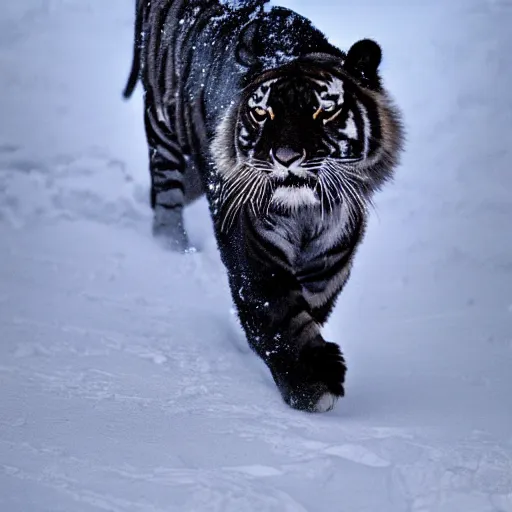 Prompt: photograph of a black tiger with blue eyes hunting in snow, Nat Geo shot