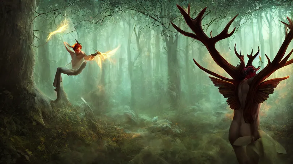 Image similar to A male fairy with antlers on his head and hawk wings on his back casting a powerful glowing spell in the middle of an enchanted forest, dreamscape, dramatic lighting, fantasy art illustration, trending on artstation, Aetherpunk