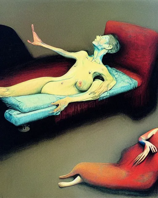 Image similar to thick expressionist acrylic painting of a dead female figure sitting on a couch while her husband qwep7æ,  Beksinski painting, part by Francisco Goya and Gerhard Rich⁷⁷ter. art by James Jean, Francis Bacon masterpiece