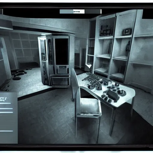 Image similar to an old computer screen showing a low poly horror games, the horror game shows a person and an apartment in a low poly style, hyper detailed computer, super realistic.