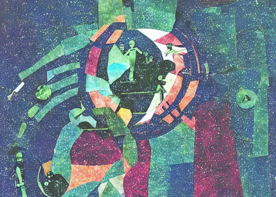 Image similar to alien spaceship, colored paper collage