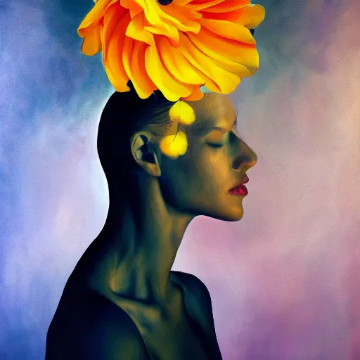 Image similar to huge flower as head, woman standing in a luxury apartment, surreal photography, dramatic light, impressionist painting, digital painting, artstation, georgia o'keeffe