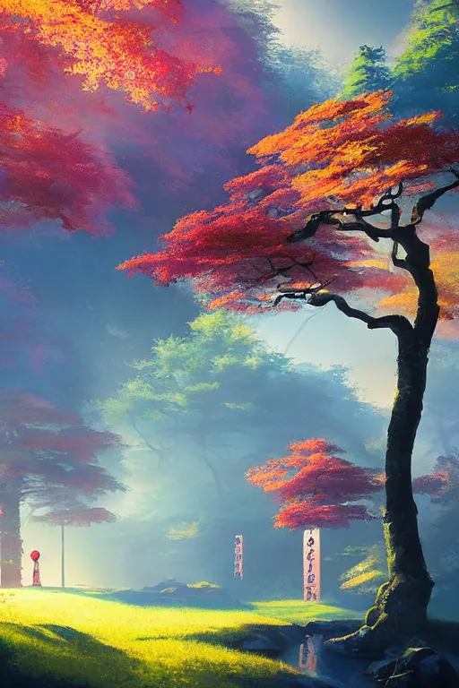 Image similar to traditional elegant delicate Japanese Torii in a colorful magic moutain with trees ,morning , sunshine ,by Grzegorz Rutkowski, concept art