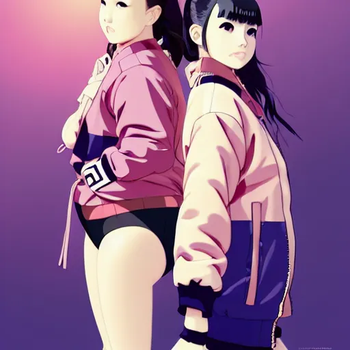 Image similar to a beautiful plus sized model japanese natalie portman, alluring, wearing oversized mayan bomber jacket and leotard with overalls, bulky poofy bomber jacket with mayan patterns, aztec street fashion, gapmoe yandere grimdark, trending on pixiv fanbox, painted by greg rutkowski makoto shinkai takashi takeuchi studio ghibli, akihiko yoshida
