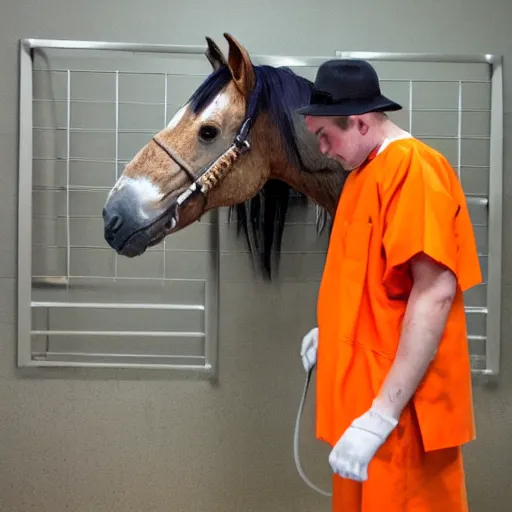 Image similar to horse with orange inmate clothes, in a jail