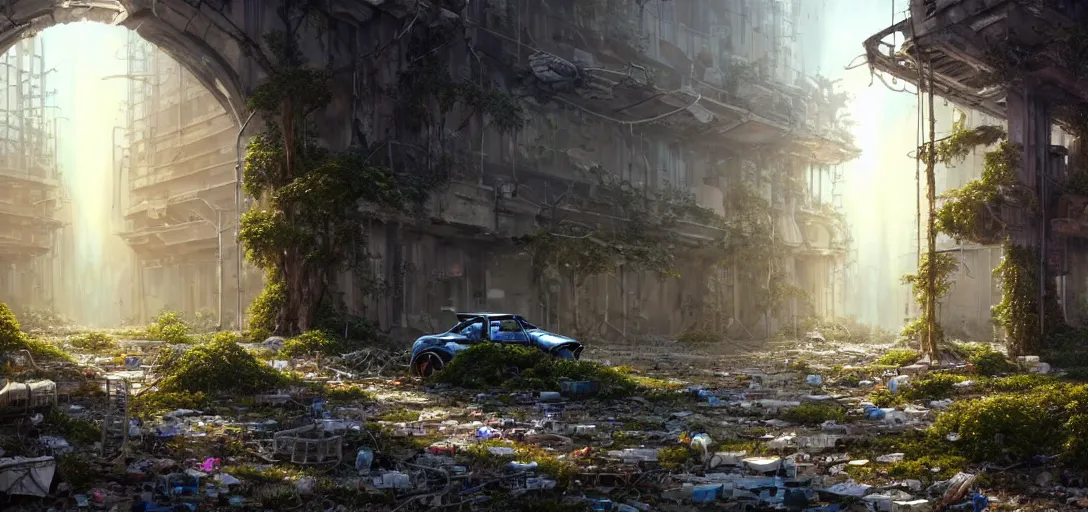 Image similar to tree growing in ancient cyberpunk ruins, gray wasteland, many scrap hovercars, plastic waste, rubble, pillars, flowers, vines, hyperrealistic, highly detailed, cinematic, single ray of golden sunlight, beautiful, cgssociety, artstation, 8 k, oil painting by greg rutkowski, by artgerm, by wlop