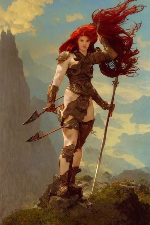 Prompt: half body matte portrait of a red haired valkyry in a heroic pose and wearing thick bronze plate armor at the top of a mountain holding a spear made of lightning, art by albert bierstadt, alphonse mucha, andreas rocha, greg rutkowski, sharp edges. ultra clear detailed. 8 k. elegant. octane render