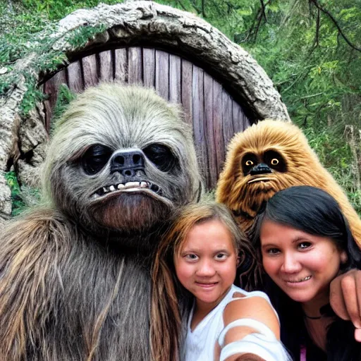 Image similar to Ewok family taking selfie at the gates of Mordor