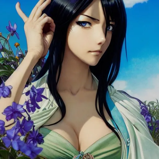 Image similar to highly detailed vfx portrait of nico robin by eiichiro oda!, makoto shinkai, alphonse mucha, sharp focus, art by artgerm and greg rutkowski!, harsh overhead sunlight, blue eyes!!, large aquiline nose!!, stanley kybric, kaoru mori, intricately detailed, best of behance, 4 k, hdr