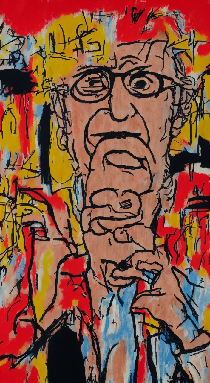 Image similar to larry david eating a bagel. style of a basquiat painting. hyper - realistic, 8 k, hd