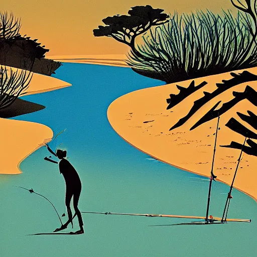 Prompt: eyvind earle desert fishing game big fish sand