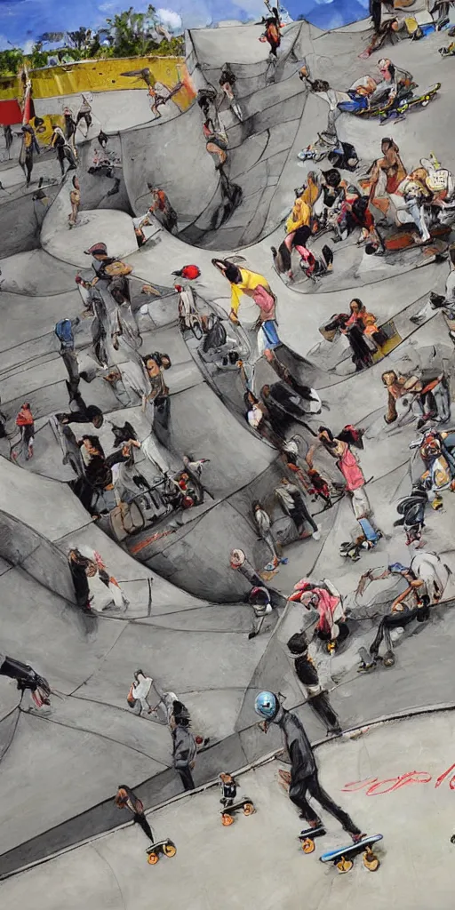 Image similar to oil painting scene skatepark with skaters and ramp by kim jung gi