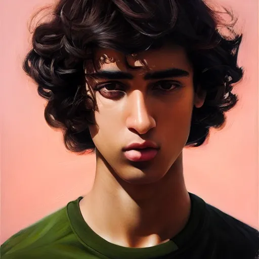 Image similar to oil painting by ilya kuvshinov, baugh casey, rhads, coby whitmore, of a persian - indian college student, fair olive skin, refined features, high cheekbones, handsome, curly black hair, outdoors, highly detailed, breathtaking face, studio photography, dawn, intense subsurface scattering, blush, supple look, innocence, intense sunlight