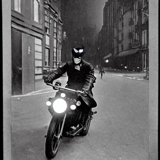 Image similar to old black and white photo, 1 9 1 3, depicting batman on a motorcycle from dark knight racing through the bustling streets of new york city, rule of thirds, three - point perspective, historical record