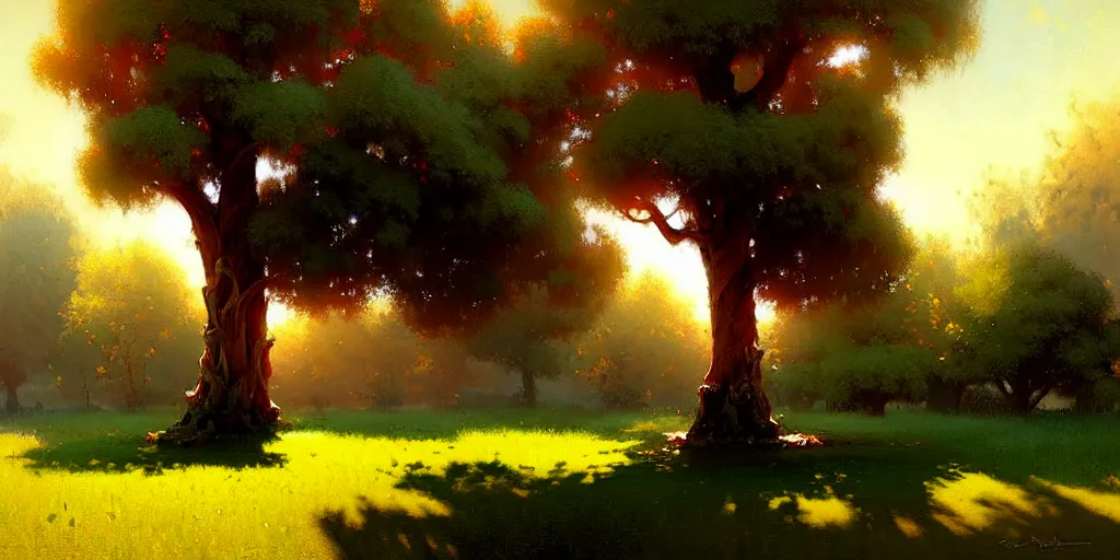 Image similar to digital art painting of a single tree in the middle of a front yard painted by craig mullins and gaston bussiere and greg rutkowski