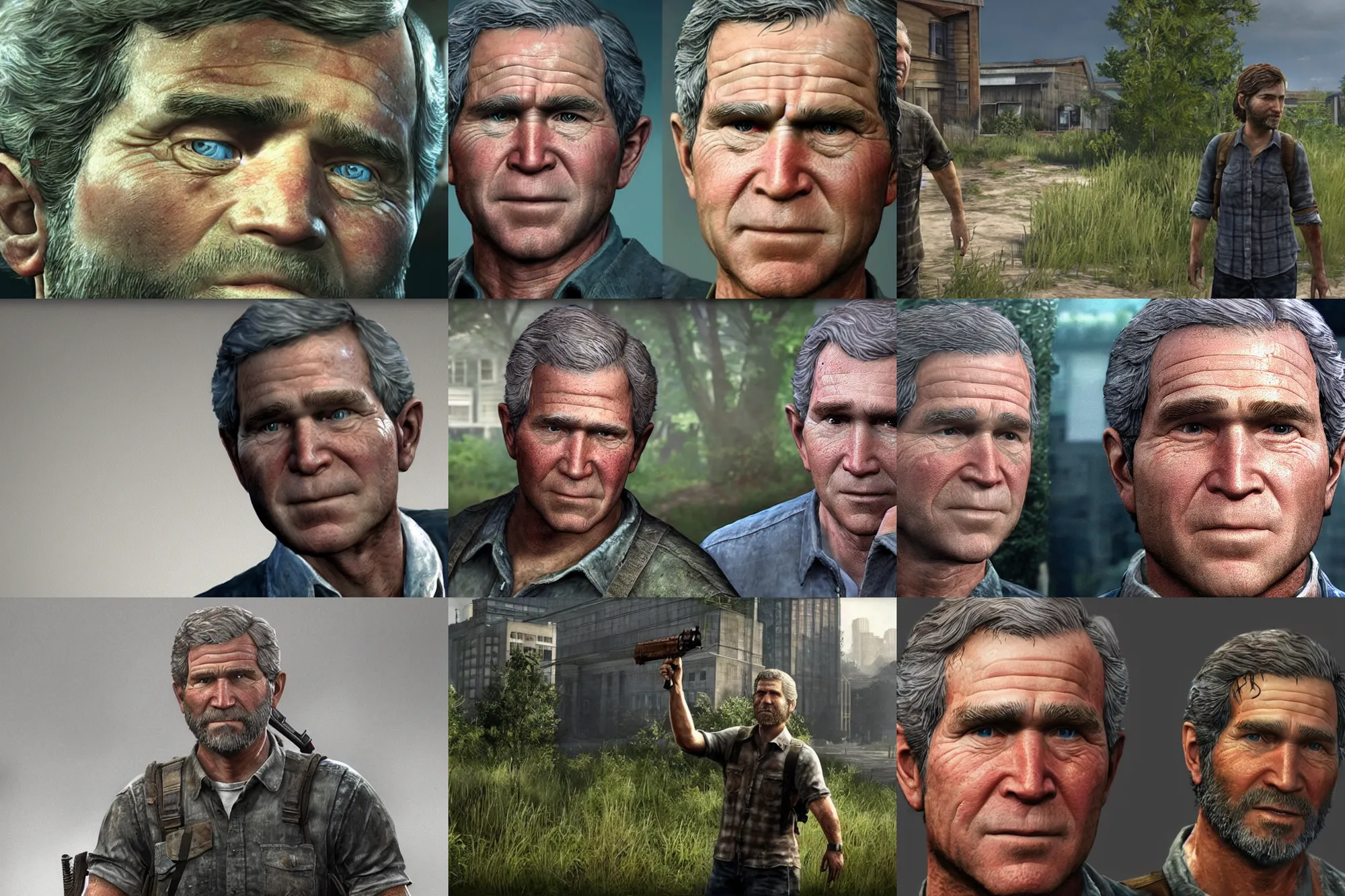Prompt: a screenshot of george w bush in the video game the last of us. 3 d rendering. unreal engine. amazing likeness. very detailed. cartoon caricature.