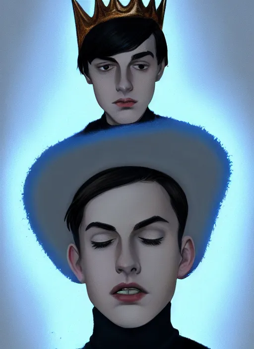 Image similar to portrait of teenage jughead jones wearing a light grey crown, crown, blue turtleneck, 1 9 5 0 s, closed eyes, photorealistic, black hair, glowing lighting, intricate, elegant, glowing lights, highly detailed, digital painting, artstation, concept art, smooth, sharp focus, illustration, art by wlop, mars ravelo and greg rutkowski