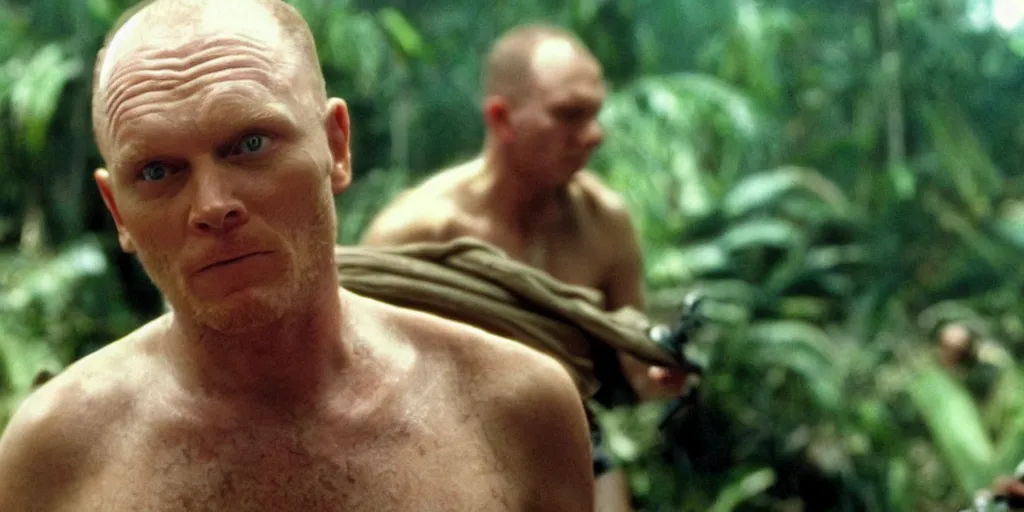 Image similar to a film still of Bill burr in apocalypse now, high quality