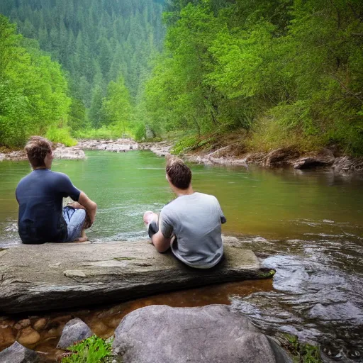 Image similar to two men sitting on a small damn on a river with a forest in the background