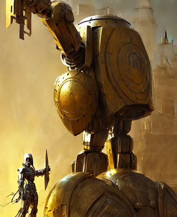 Image similar to human-sized strong intricate yellow pit droid holding large paladin medieval shield!!! and a long medieval engraved powerful great sword, pancake short large head painterly humanoid mecha, beautiful fantasy background by Greg Rutkowski