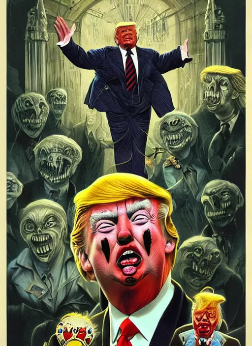 Image similar to donald trump is a disgusting clown, grotesque, horror, high details, intricate details, by vincent di fate, artgerm julie bell beeple, inking, vintage 90s print, screen print