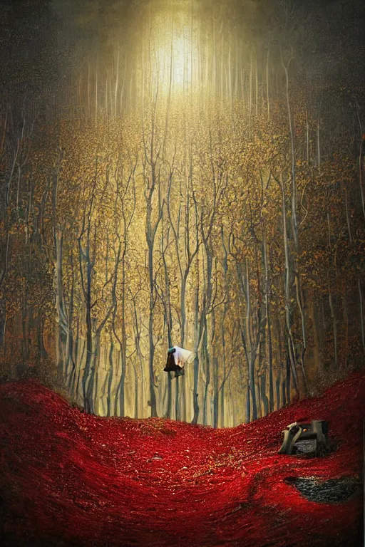 Image similar to immaculate painting of A Beautiful fine detailed gold and red and black Forest Illusion by erik johansson micro detailing