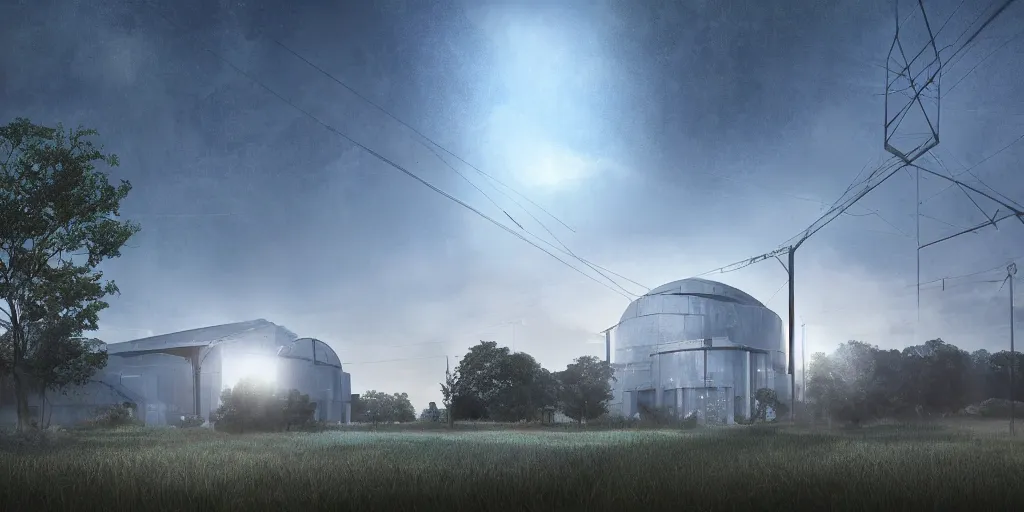 Image similar to large white sci-fi building with power lines running to it, next to farm fields and trees, art station, digital art, art station, volumetric lighting, extremely detailed, trending