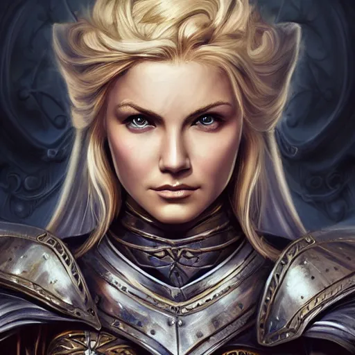 Prompt: head-on centered symmetrical painted portrait, Elisha Cuthbert as a paladin, blonde hair, iron medieval armour, dramatic lighting, intricate, fantasy, intricate, elegant, highly detailed, digital painting, smooth, sharp focus, illustration, dramatic lighting, artstation, in the style of Artgerm and Anna Podedworna