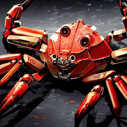 Prompt: A robot crab, digital art, cyberpunk, trending on artstation, nicely detailed, HDR