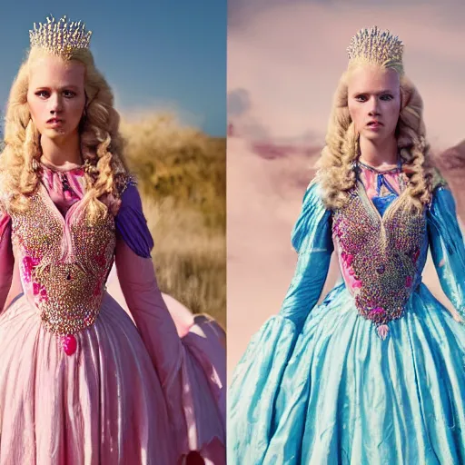 Image similar to an infallible princess with long blonde hair and blue eyes wearing a elaborately beaded pink dress and pink conical hennin, high resolution film still, live-action film by Simon Langton