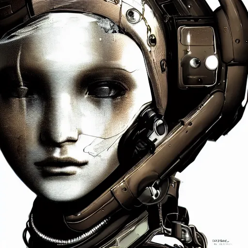 Image similar to highly detailed portrait of a post-cyberpunk robotic young lady with space helmet and wired cybernetic face modifications, robotic limbs, by Akihiko Yoshida, Greg Tocchini, Greg Rutkowski, Cliff Chiang, 4k resolution, persona 5 inspired, dull misty brown black and white color scheme with sparking stray wiring