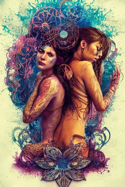 Image similar to a centered render of a alluring festival hippies with tribal tattoos surrounded by a underwater ink pour and flowing liquid galium and sacred geometry, perfect body face and hands, powerful, cinematic, beautifully lit, by artgerm, by karol bak, by donato giancola, by beeple, 3 d, trending on artstation, octane render, 8 k
