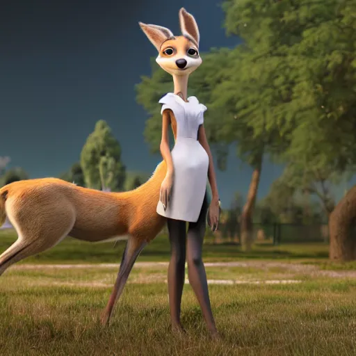 Image similar to portrait, 3 d render, anthropomorphic female deer, wearing along white dress, in the style of zootopia,