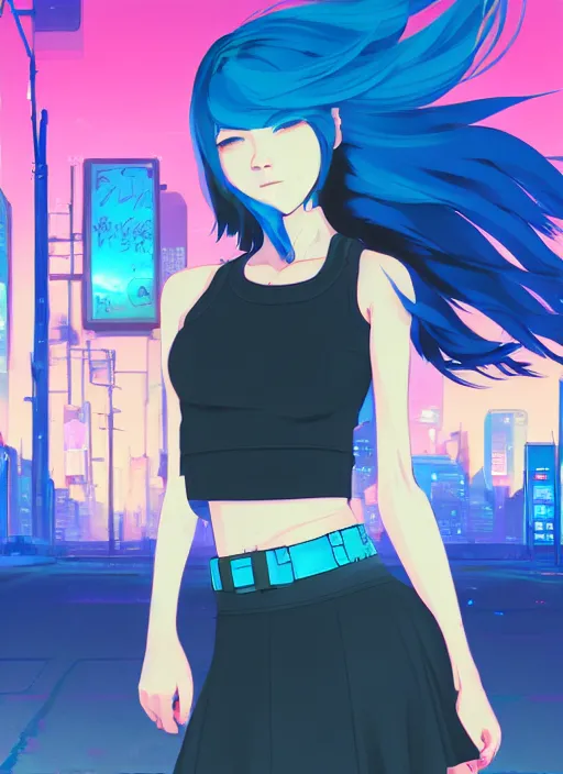 Image similar to digital illustration of cyberpunk pretty girl with blue hair, wearing a crop top and a skirt, full body pose, in city street at night, by makoto shinkai, ilya kuvshinov, lois van baarle, rossdraws, basquiat