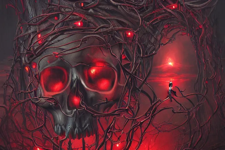 Prompt: realistic portrait beautiful detailed matte painting of cinematic movie scene a skinned skull, tentacles, black and red, thorns, vines, horror, created by gustave dore and greg rutkowski, high detailed, smooth draw, synthwave neon retro, intricate, realistic proportions, dramatic lighting, trending on artstation.