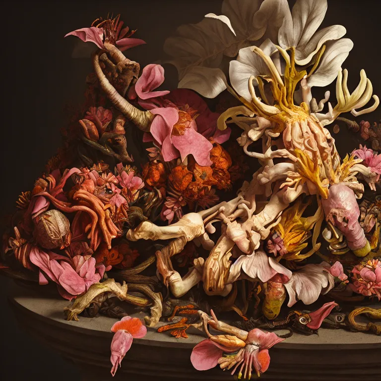 Image similar to still life of rotten flesh, beautiful tropical flowers, human spine, colorful mold, baroque painting, beautiful detailed intricate insanely detailed octane render, 8K artistic photography, photorealistic, chiaroscuro, Raphael, Caravaggio