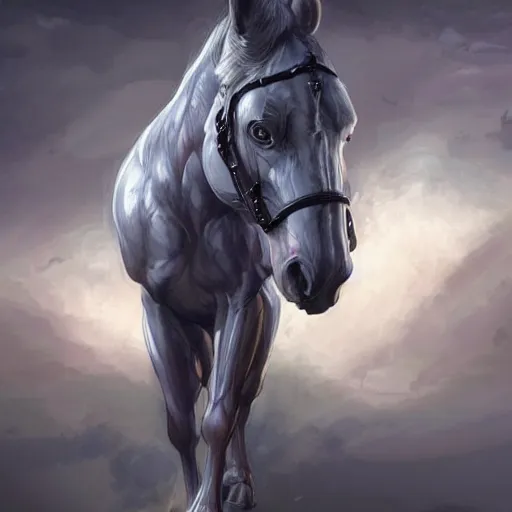 Image similar to a musclebound anthropomorphized horse with a magnificently muscular physique wearing a tight kevlar battle outfit while protecting a facility, long white hair, equine, anthro art, furaffinity, highly detailed, digital painting, artstation, sharp focus, concept art, illustration, art by artgerm, greg rutkowski, wlop