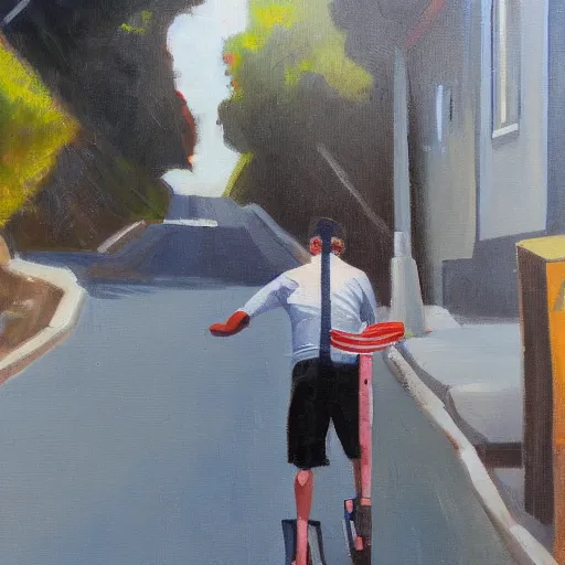 Prompt: a young man riding a longboard down steep street in san Francisco, oil painting