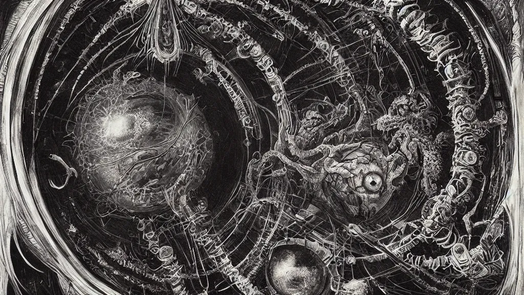 Prompt: a beautiful dreamy painting of a coronavirus inside a television screen, evil eye, dark, sinister, detailed, high contrast, art by Ernst Haeckel and Greg Rutkowski