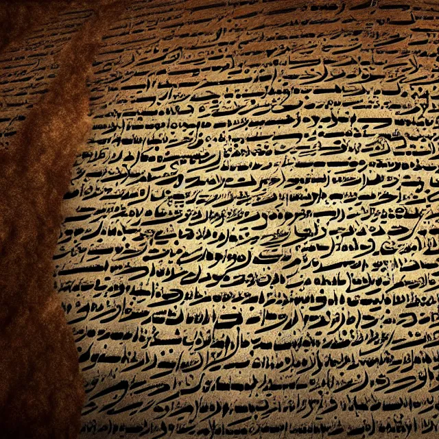 Image similar to horrifying ultra - realistic disconcerting photo of a partially damaged dead sea scroll with nabeatean aramaic in sideways columns, dark, brooding, volume lighting, atmospheric lighting, painted, intricate, ultra detailed, well composed, best on artstation, cgsociety, epic, stunning, gorgeous, intricate detail, wow, masterpiece