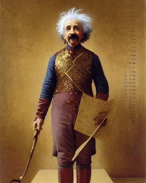 Image similar to brilliant albert einstein, dressed in ornate, detailed, intricate golden armor, surrounded by mathematical equations, detailed oil painting by william adolphe bouguereau