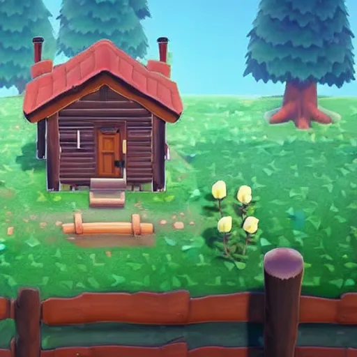 Image similar to a photo of a Eerie cabin in the middle of the woods in the style of Animal Crossing new horizons, gameplay footage