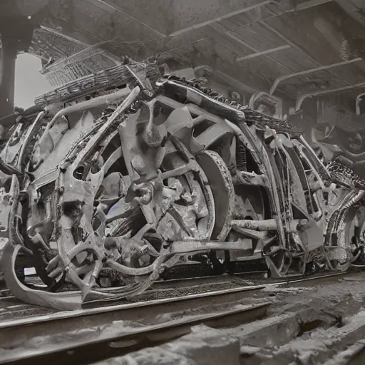 Image similar to boxcar made of human meat and bone, biomechanical railroad, highly detailed, War Photography, by H.R. Giger