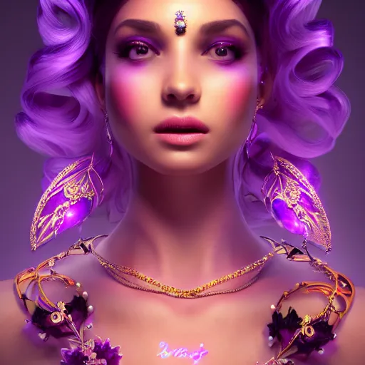 Image similar to portrait princess of amethyst, glowing, ornate and intricate purple jewelry, jaw dropping beauty, glowing background lighting, purple accent lighting, hyper detailed, fairy tale, 4 k octane render