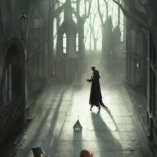 Prompt: harry potter and hermione hand in hand walking in hogwarts yard, elves around, lovely, lightly dark theme, harry potter theme, by greg rutkowski, trending on artstation