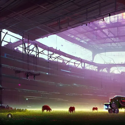 Prompt: a farm inside of a stadium, Simon Stalenhag, Wadim Kashin, solarpunk, 4K, cinematic