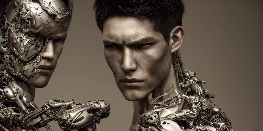 Image similar to hyper realistic photography of a stunningly beautiful cyborg male, intimately holding close, in the style of beth cavener, jin kagetsu,, and wlop, highly detailed, intricate filigree, symmetry, masterpiece, award winning, sharp focus, concept art, highkey lighting, ambient lighting, octane render, 8 k, artstation
