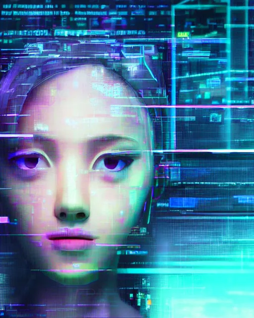 Image similar to A broken monitor with a calm AI girl's face on it. Very strong glitches on the monitor. Extremely high detail, glitchcore, glitches, glitch, synthwave, cyberpunk, vaporwave, 8k