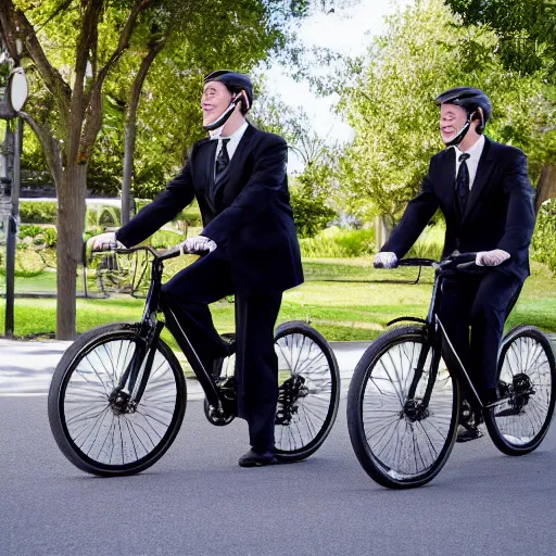 Image similar to two mormon missionaries, on bikes, with crow heads, black suits white shirts